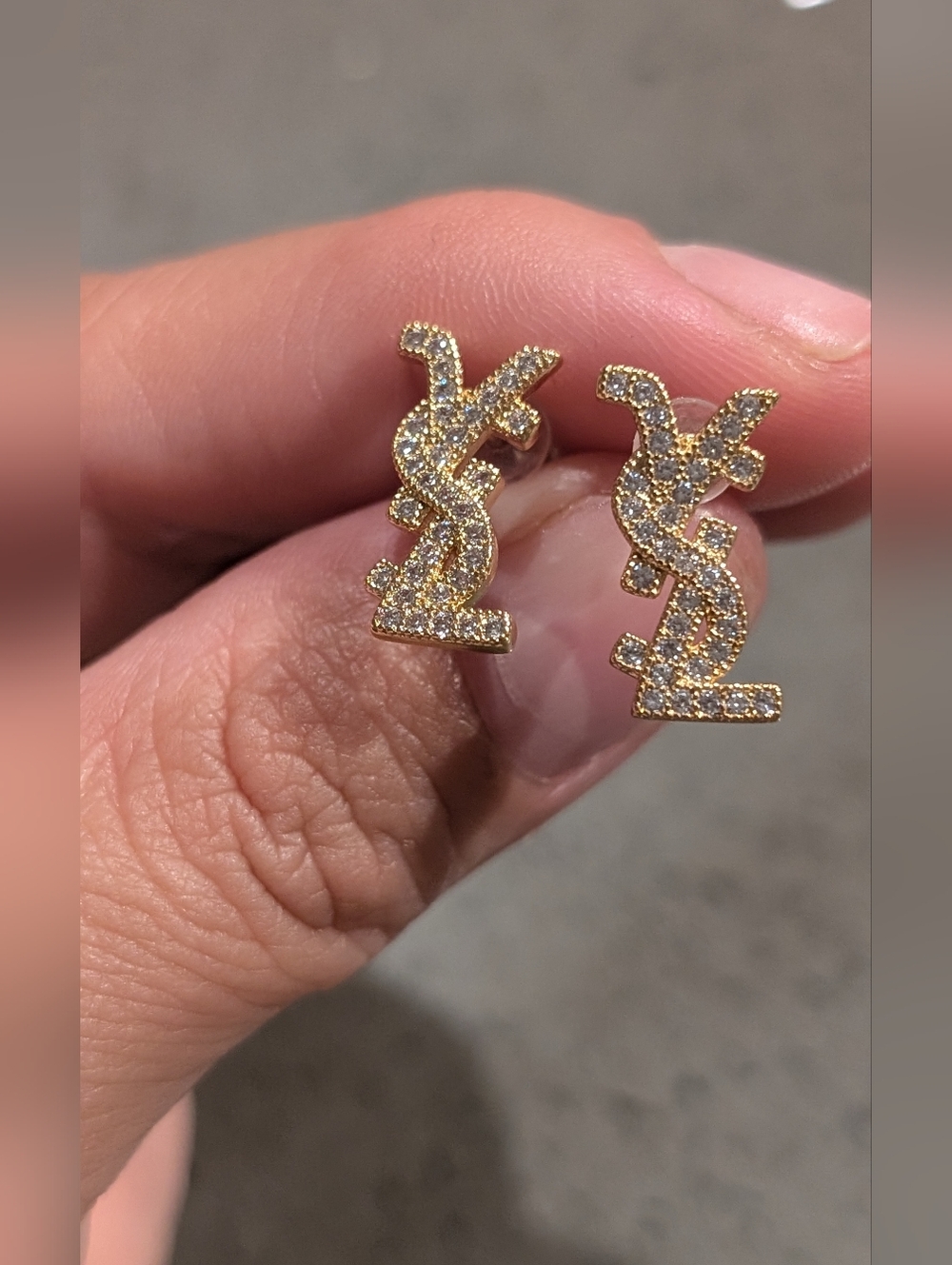 Yves Saint Laurent Crystal-Embellished Gold YSL Logo Stud Earrings - Picture 2 of 12